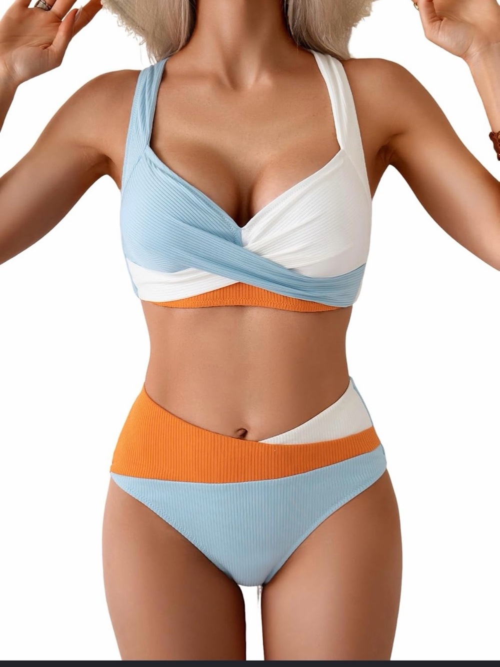 Tri-Color Ribbed Wrap Bikini Set - Blue/White/Orange